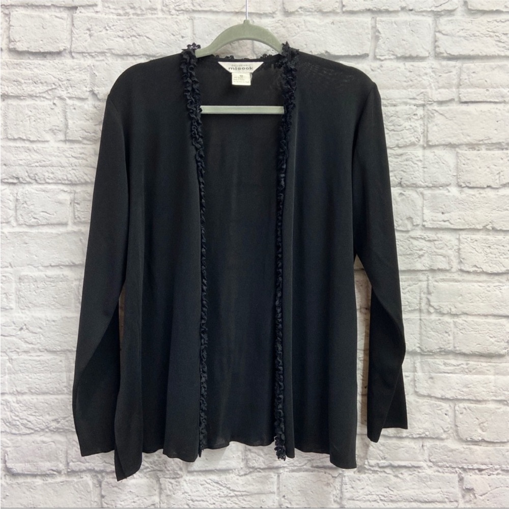 Exclusively Misook Womens Open Cardigan Sweater Size XS Acrylic Lace Trim Black